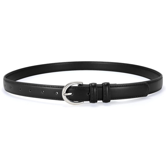 SANSTHS Women Leather Belt for Jeans Pants Fashion Ladies Skinny Belt for Dresses Thin Belt with Single Prong Buckle,Black,L