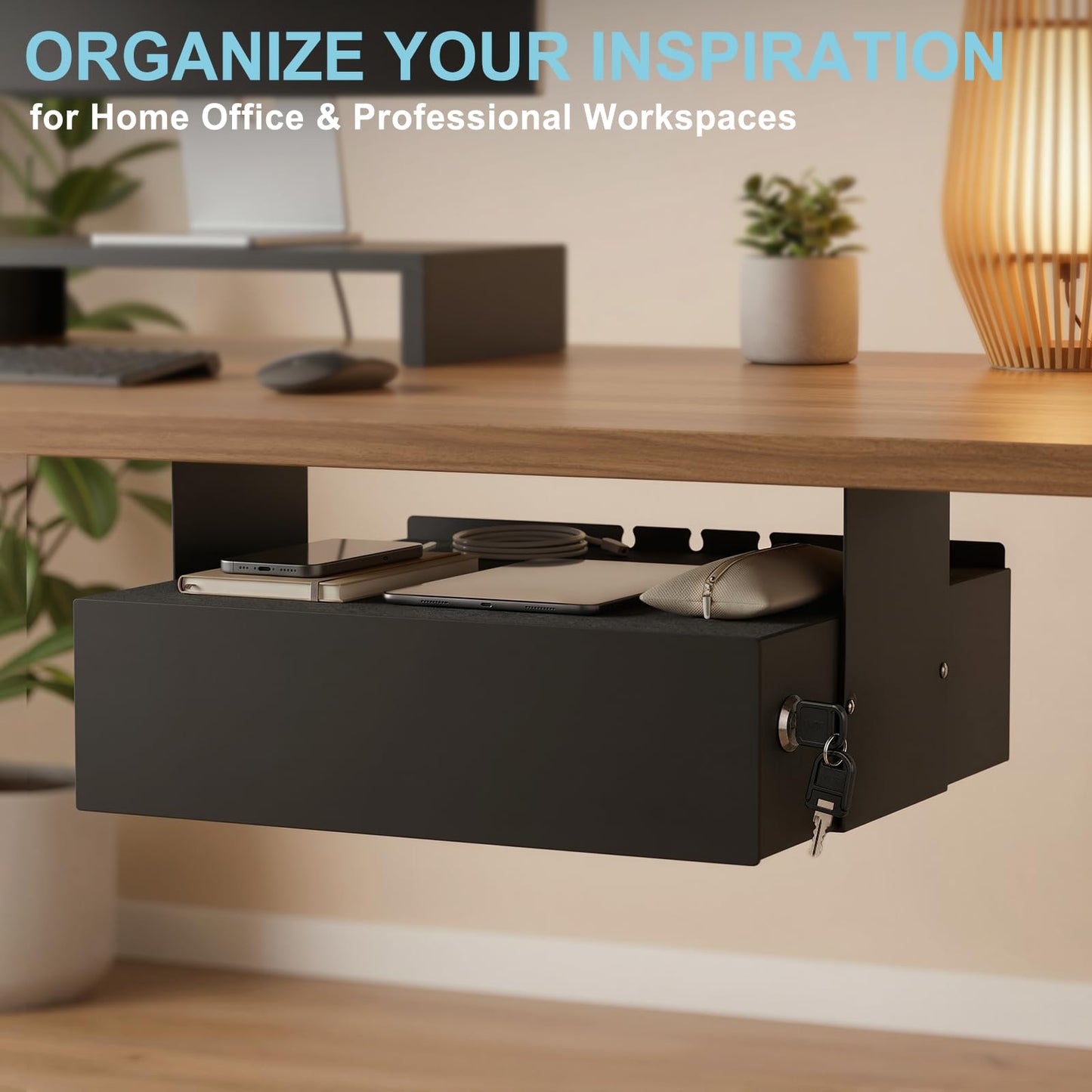 ERGO COLLECT Under Desk Lockable Drawer, Slide-Out Storage Organizer with Full Extension Ball-Bearing Slides, Carbon Steel Undermount Drawer for Home Office Standing Desk, Black, 13.8 Inch