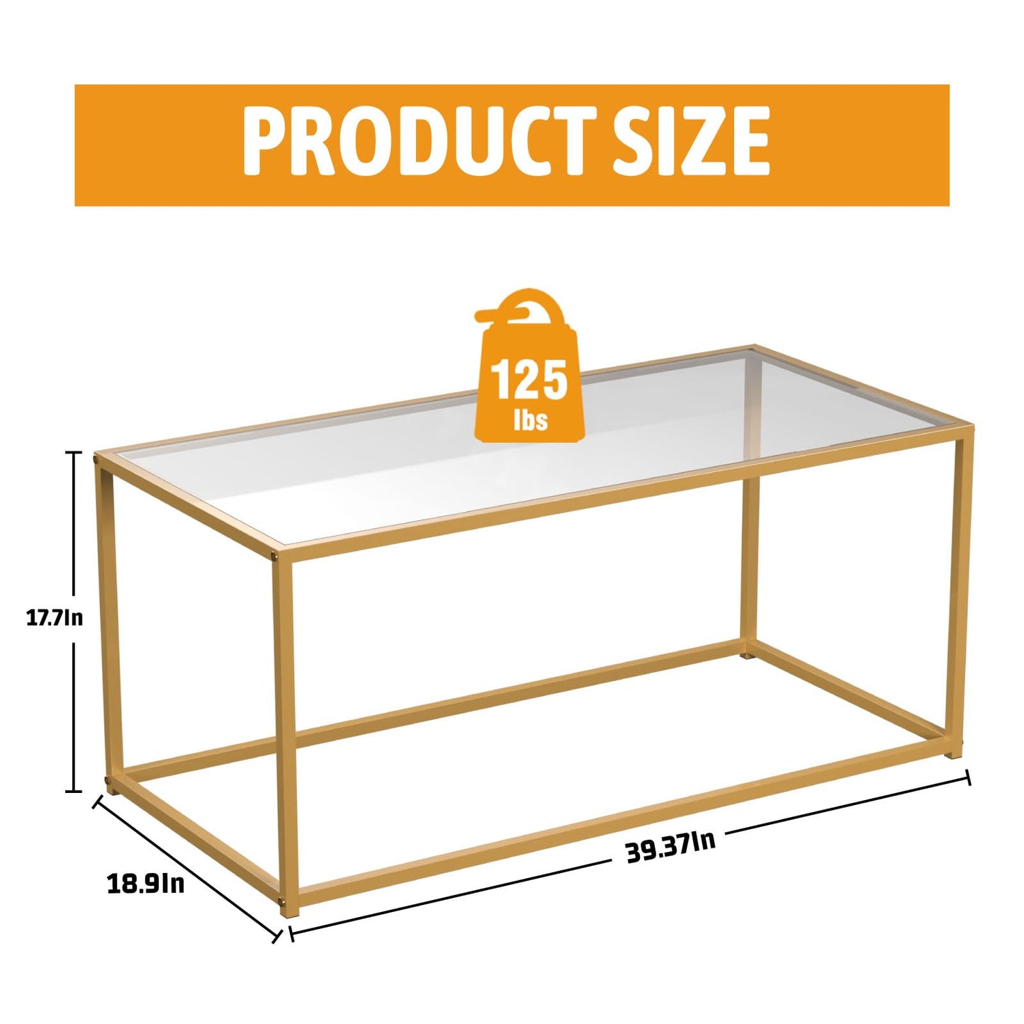 Coffee Table,Tempered Glass Coffee Table,Minimalist Center Table for Living Room,Office,Modern Glass Top Coffee Table with Sturdy Metal Frame & Open Storage, Easy Assembly,Gold