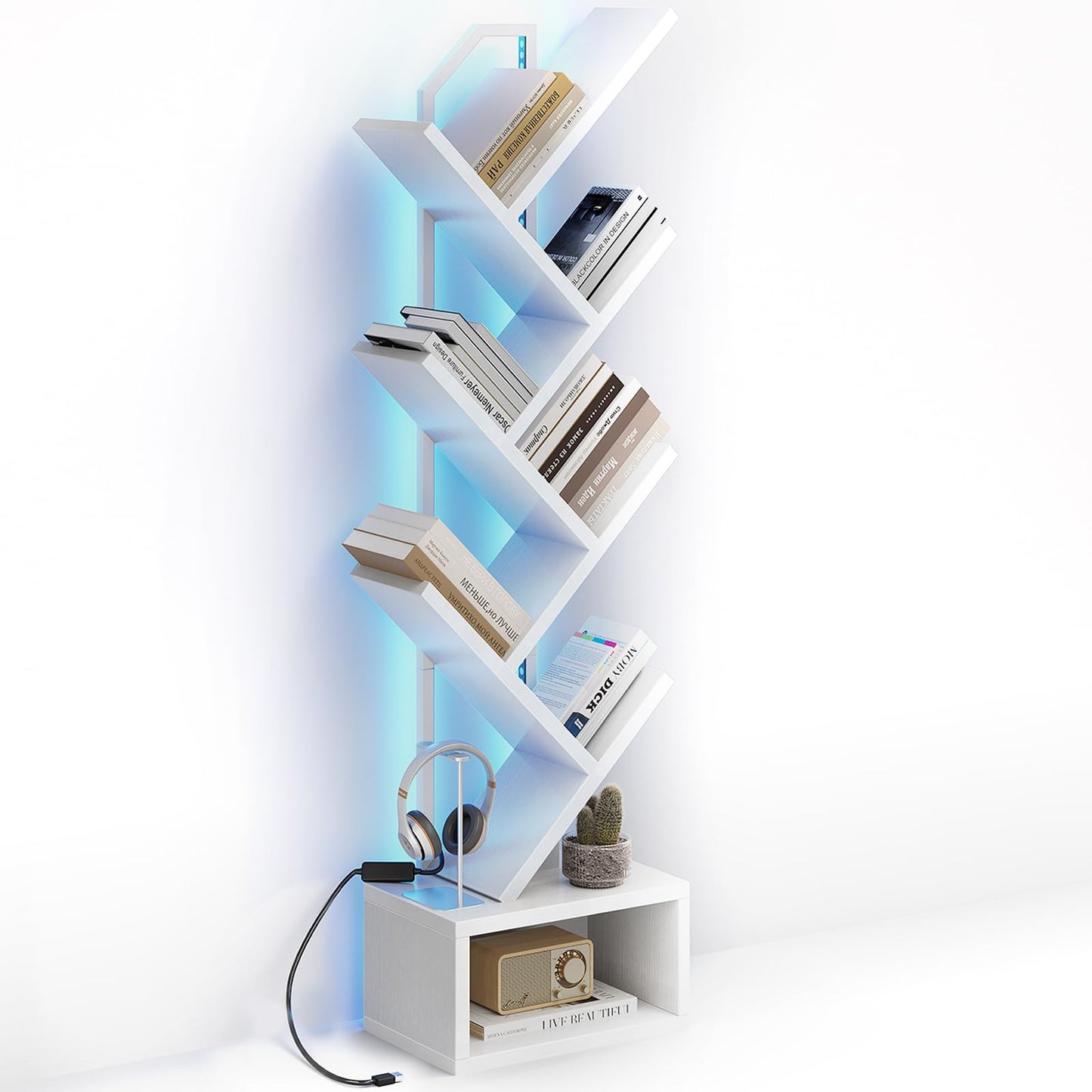 Casaottima Tree Bookshelf with LED Lights, 6-Tier Narrow Bookcase for Small Spaces, Tall Steel & Wood Storage Shelf with Cabinet, Home Decor & Organizer for Living Room/Bedroom/Home Office, White