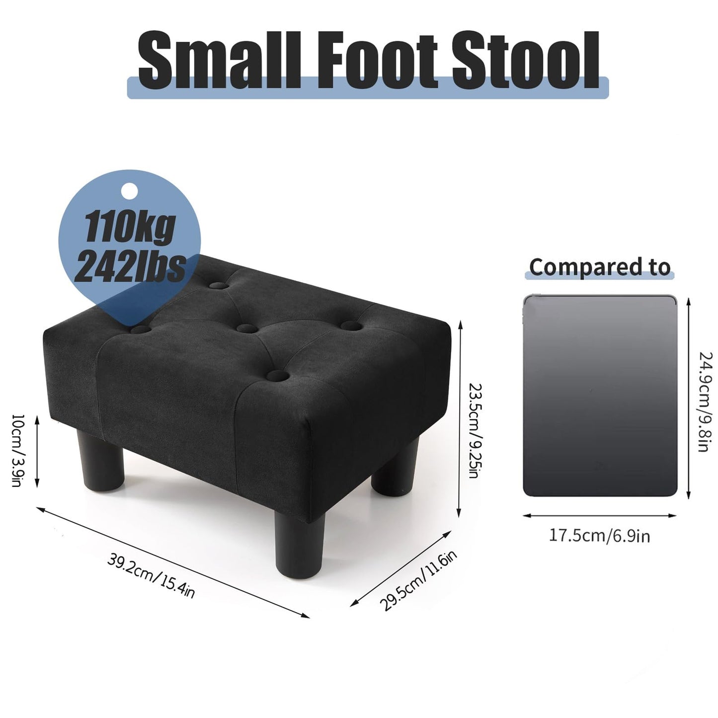 BRIAN & DANY Small Foot Stool, Velvet Foot Stools with Legs, Stable Small Footstool for Living Room, Black