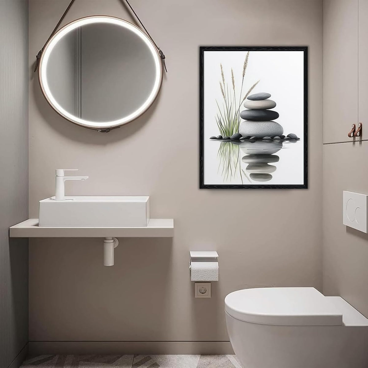 Serene Zen Stacked Stones with Water Reflection Canvas Wall Art - Cozy Modern Minimalist Spa Decor for Bathroom Bedroom Living Room - HD Waterproof Premium Stretched Framed Ready to Hang 12x16 Inches