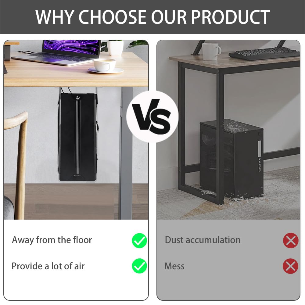 FEYRUN Under Desk PC Mount with Anti Scratch Sponge, Adjustable CPU Holder Bracket for Computer Tower (Black, Fixed)