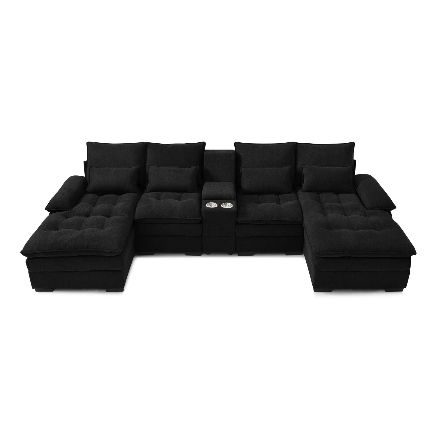 KEIKI U-Shaped 6 seat Sofa with Storage Console, Cup Holders, 130" Upholstered Sectional Sofa, Button Tufted Cloud Cushion Couch for Home, Office, Black