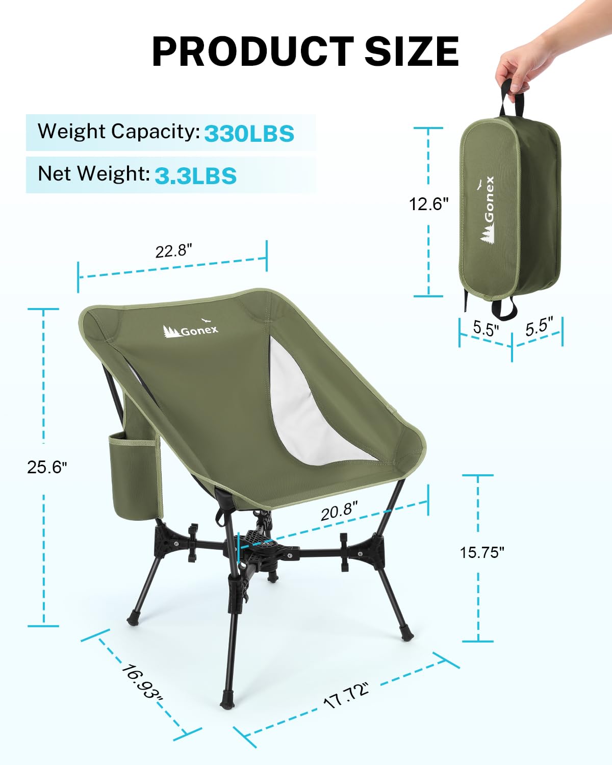 Gonex Portable Camping Chair, The 5th Gen Ultralight Compact Backpacking Foldable Lightweight Folding Chair for Outdoor Camp Hiking Beach Picnic Concert, Supports 330lbs (Army Green, 2 PCS)