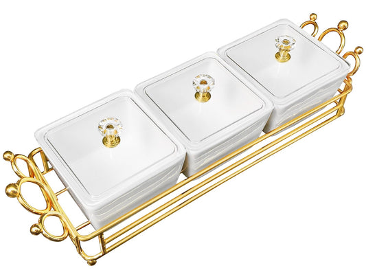 YA JU Ceramic Bowls and with Lid Gold Basket Trays, 3 Removable Small Bowls Condiment Trays Nut Serving Set for Snacks, Fruits, Candy and Condiments - Great for Parties, Holiday Gifts, White