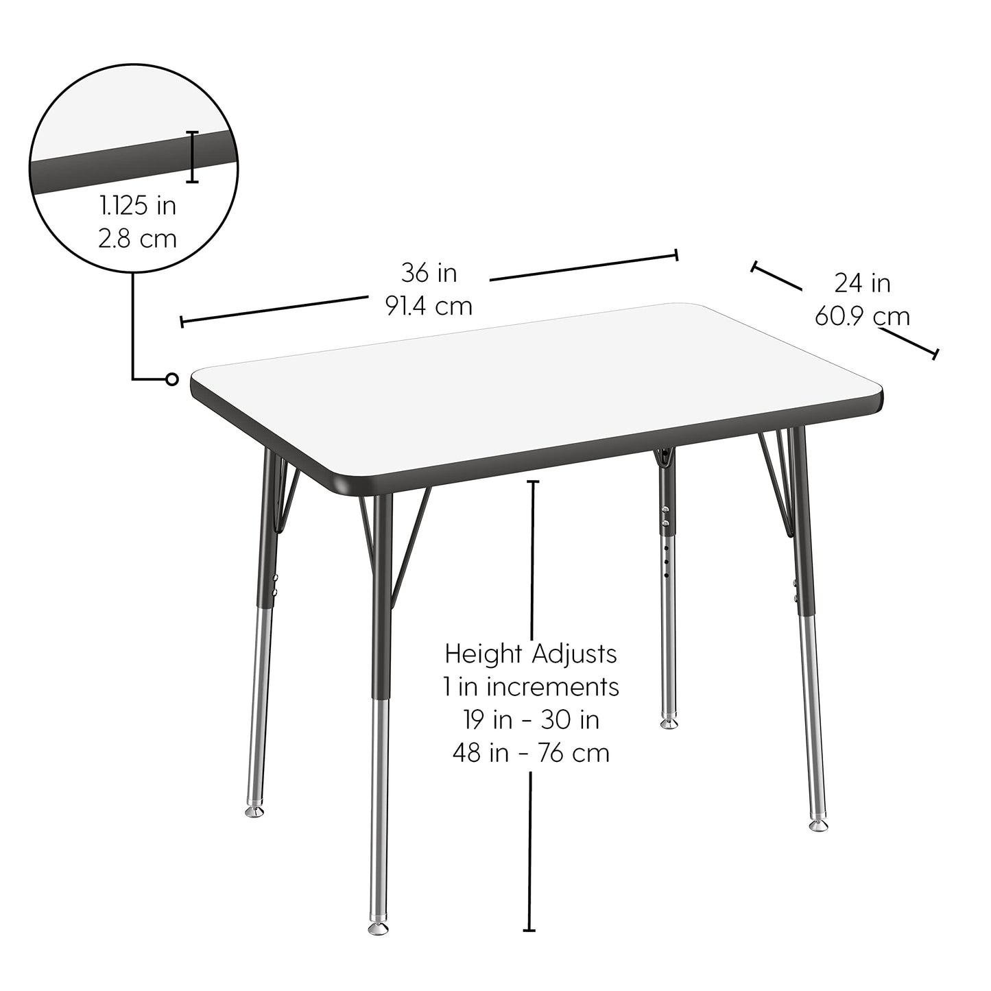 FDP Dry-Erase Rectangle Activity School and Office Table (24 x 36 inch), Standard Legs with Swivel Glides, Adjustable Height 19-30 inches; Quick Ship Single Box - Whiteboard Top and Black Edge