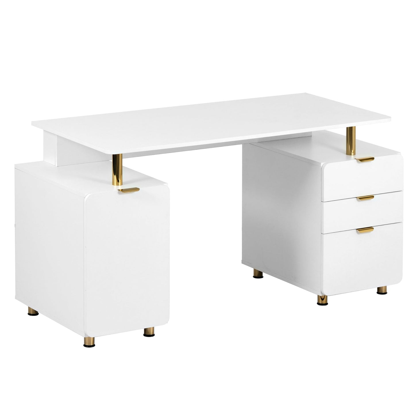 Elegant 57" W Executive Desk with 3 Drawers and Storage Cabinet, Modern Office Desk with Gold Accents, Floating Work Surface, Closed Storage with Ventilation & Adjustable Shelf (White,Gold)
