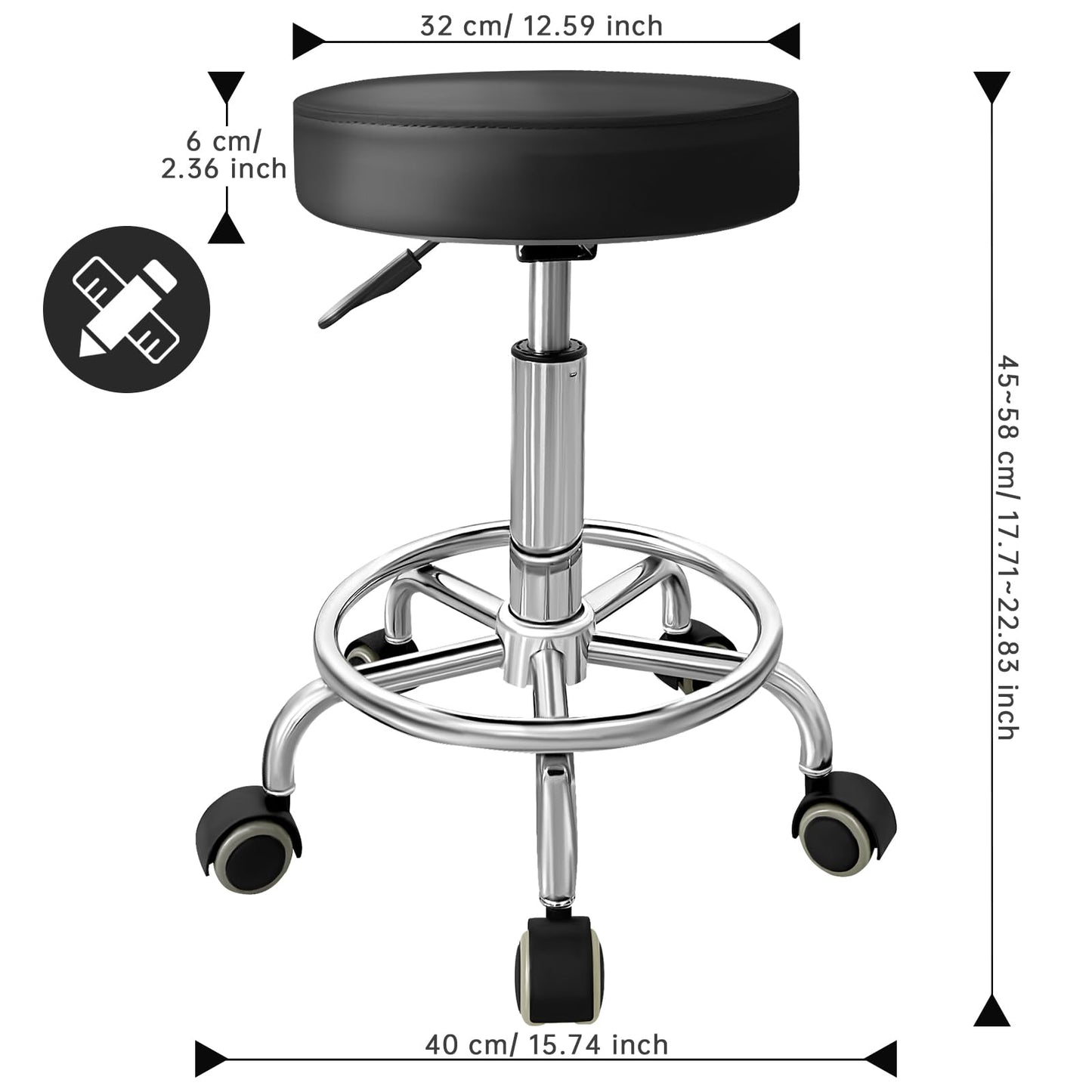 DENGTELI PU Leather Rolling Stool with Foot Rest Round Height Adjustment Swivel Spa Drafting Salon Tattoo Work Office Massage Vanity Stools Task Chair (Black)