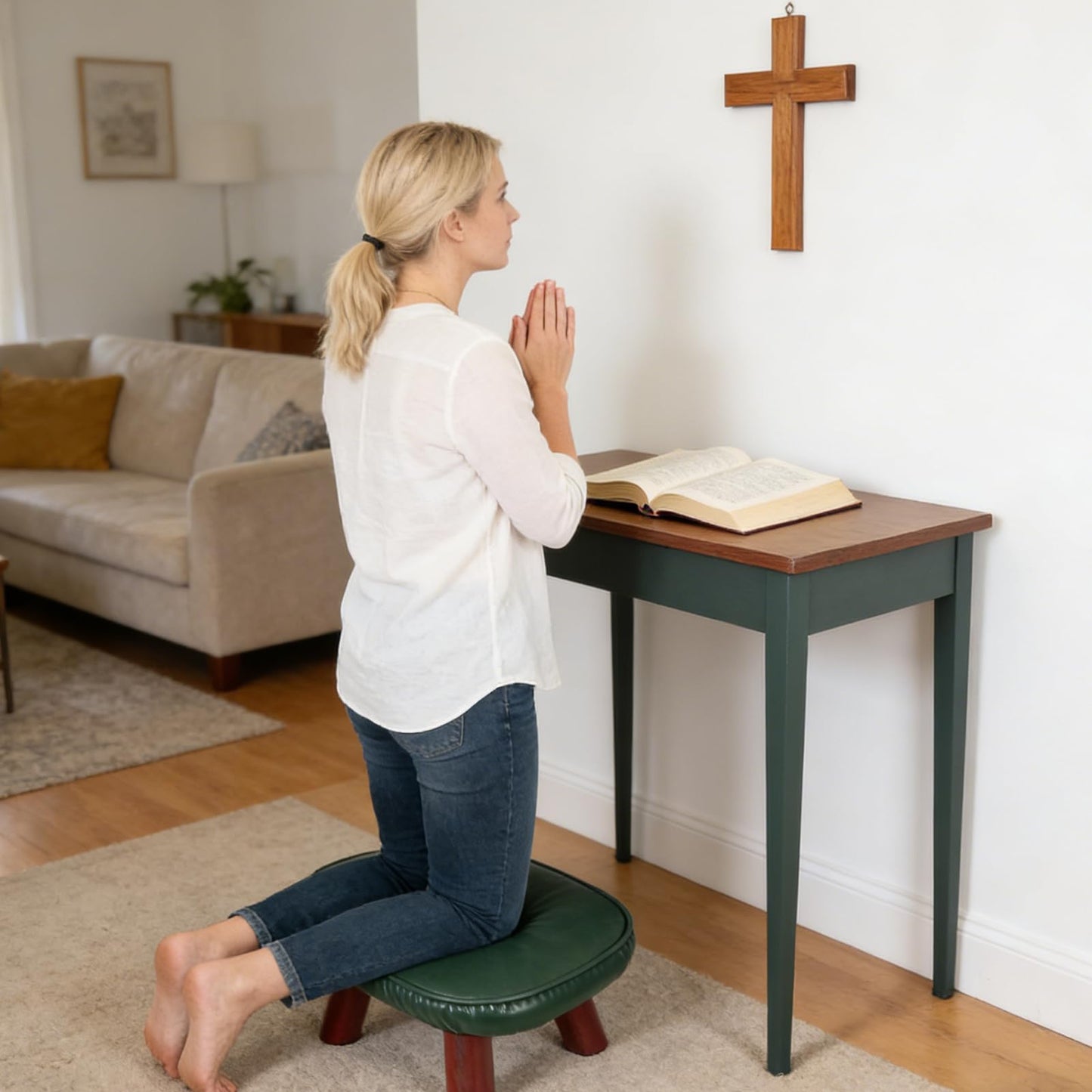 AIHSUMC Prayer Kneeler with PU Leather Cushion, Wooden Prayer Bench with Solid Wood Legs, Thick Padded Kneeling Stool for Home Prayer & Meditation