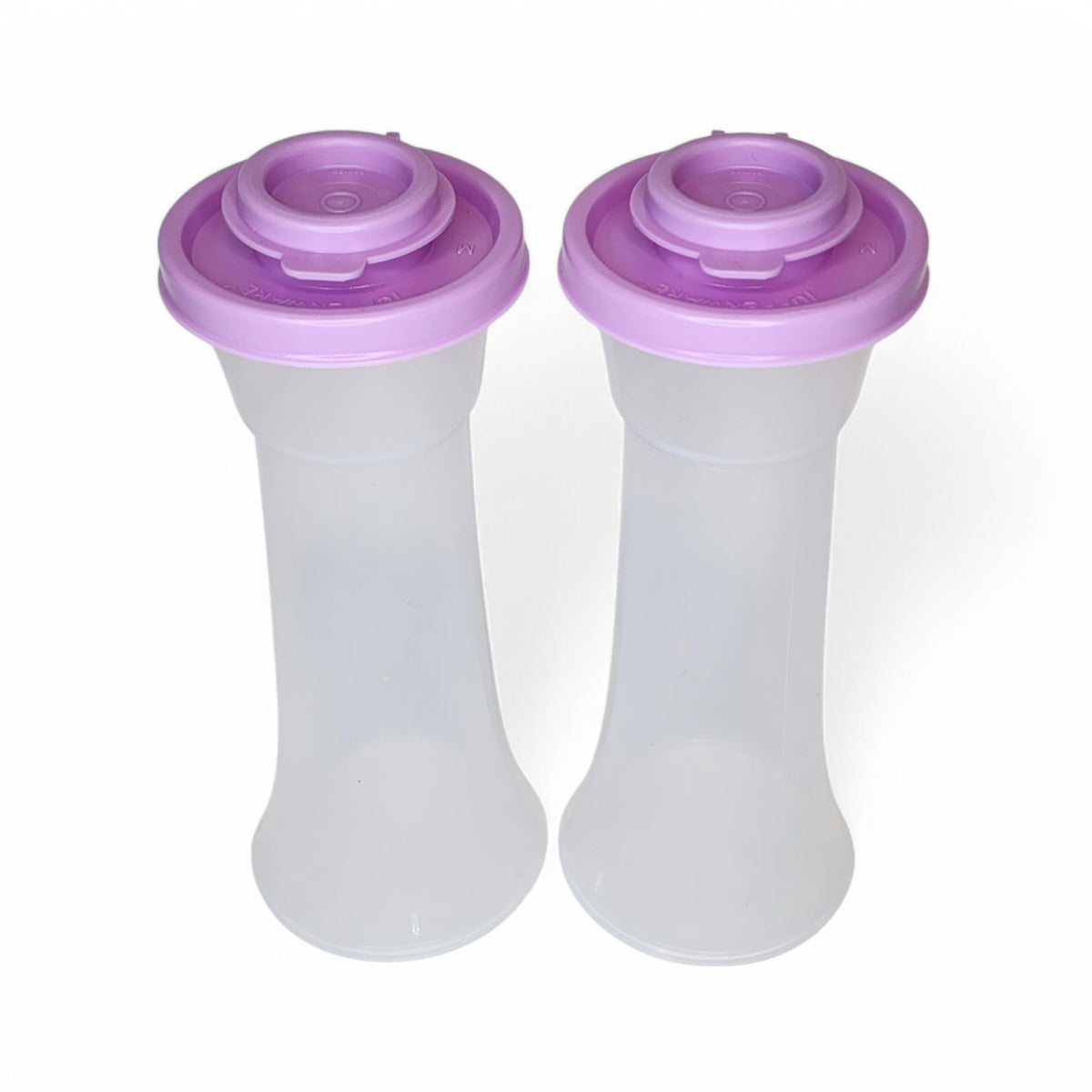Tupperware Large Hourglass Salt and Pepper Shakers Clear Containers with Lilac Pink