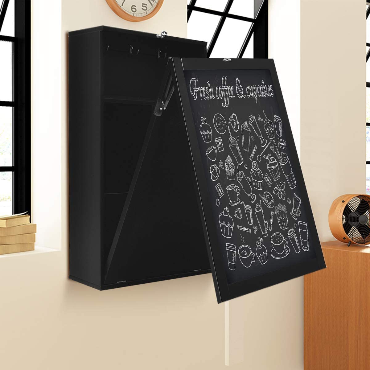 GRAFFY Modern Black Wall-Mounted Folding Desk, 24" x 34" x 57.5" (L x W x H), Multi-Function Table with Storage Shelves & Hooks, Computer Desk Laptop Workstation Home Office