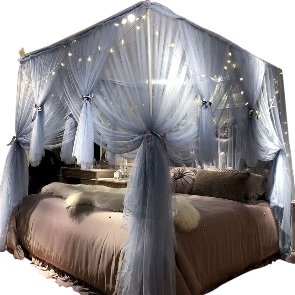 Joyreap 4 Corners Post Canopy Bed Curtain for Girls & Adults - Royal Luxurious Cozy Drape Netting - Cute Princess Bedroom Decoration (Gray-Blue, Full/Queen)