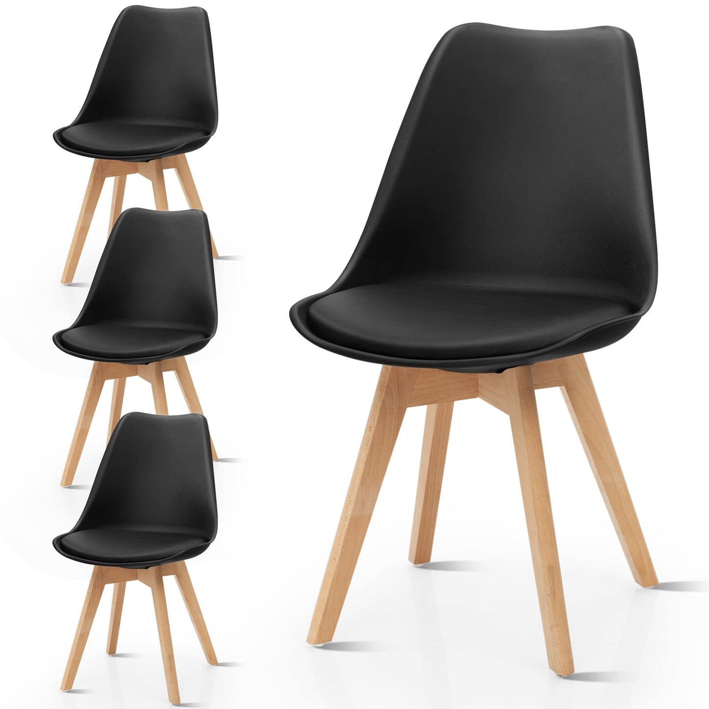 Hysache 4PCS Modern Dining Chairs, High Backrest Armless Chair with Padded Seat & Solid Wood Legs, Mid Century Upholstered Side Chairs for Dining Room, Living Room, Kitchen (Black) (HW67271)