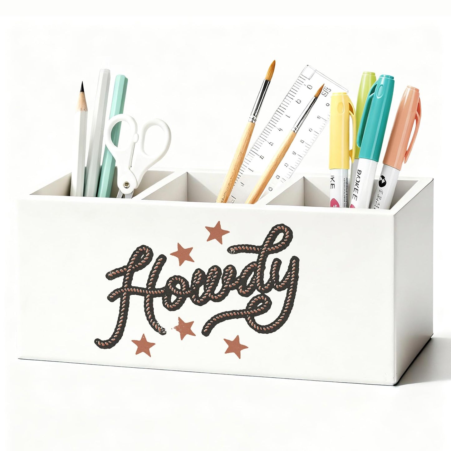 LIANGW Western Pen Pencil Holder for Desk, Cowgirl Gifts, Cowboy Gifts for Women Men, Western Office Decor, Howdy Southwestern Wooden Box Sign Decorations for Home Office Desk Tabletop