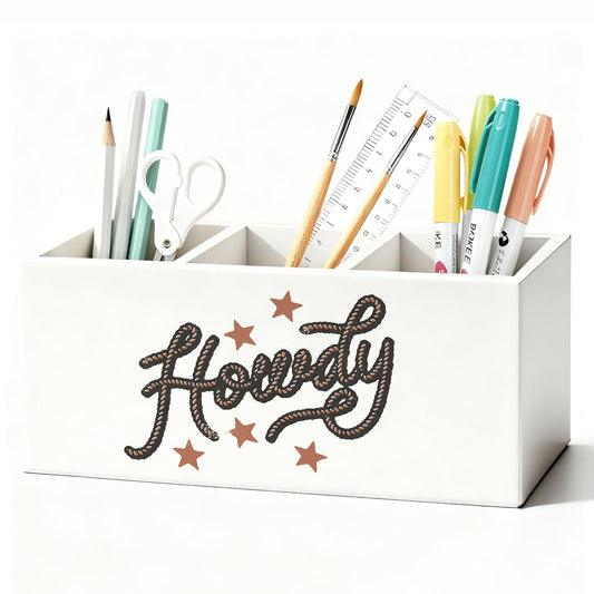 LIANGW Western Pen Pencil Holder for Desk, Cowgirl Gifts, Cowboy Gifts for Women Men, Western Office Decor, Howdy Southwestern Wooden Box Sign Decorations for Home Office Desk Tabletop