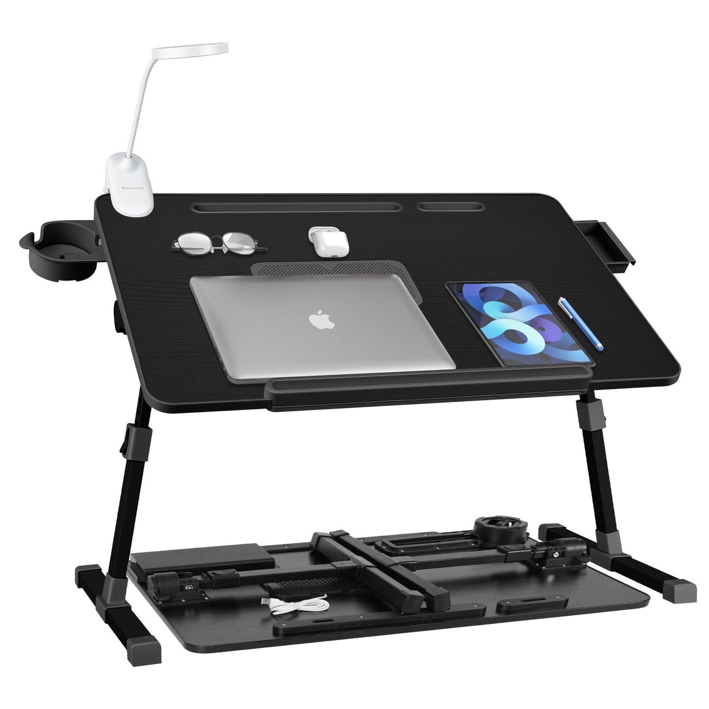 iXTRA Laptop Lap Desk with Cooling Fan - Adjustable Bed Desk with Light, Bed Table with Cup Holder&Phone Holder - Storage Drawer Desk - Folding Bed Desk,Black,70x45cm
