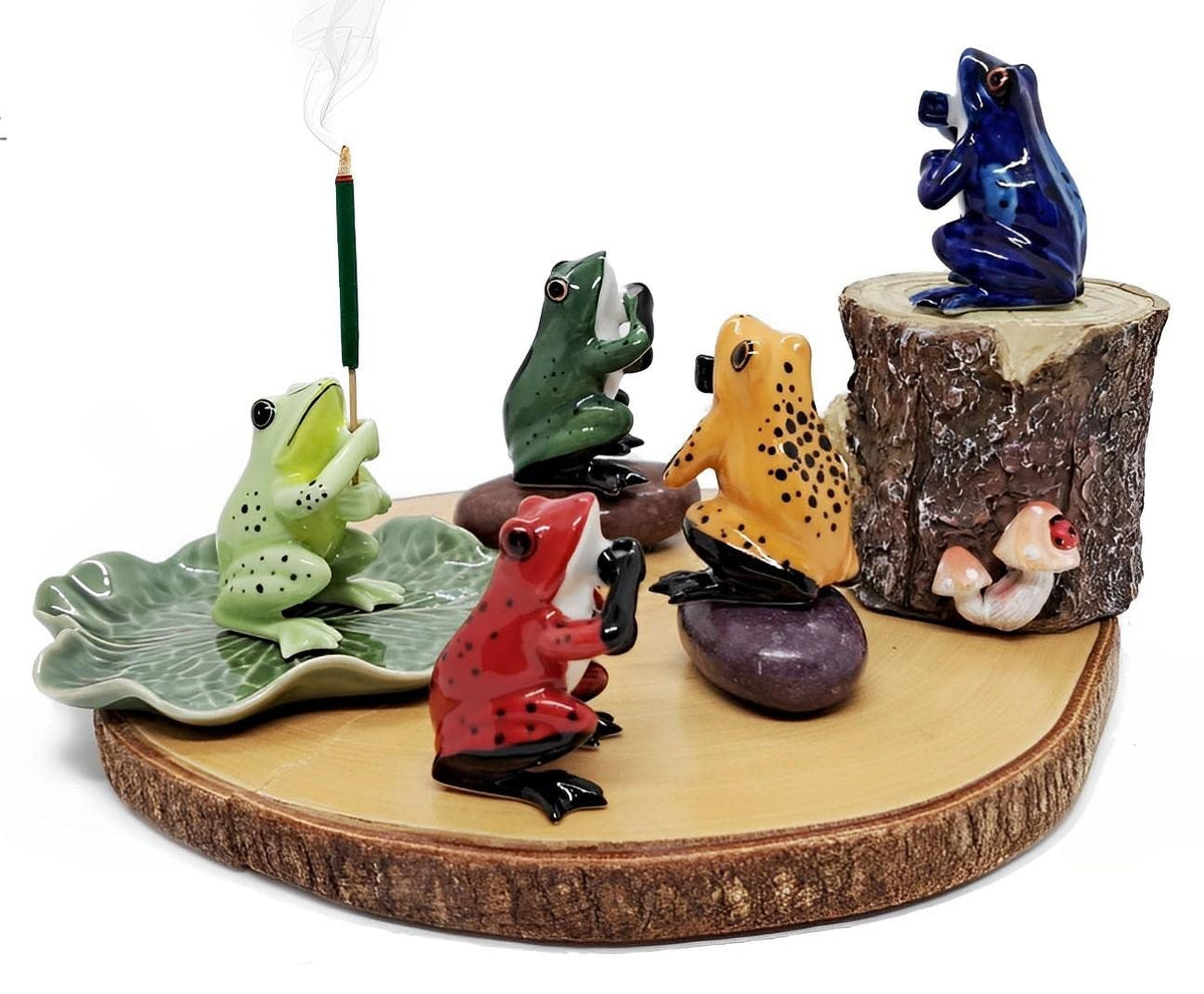 BestySuperStore 2" Dark Green Frog On 4" Wide Lotus Leaf Ceramic Incense Stick Holder Artistic Collectible Figurine for Adult Collectors Interior Accent Gift Handcrafted Porcelain Home Room Decor