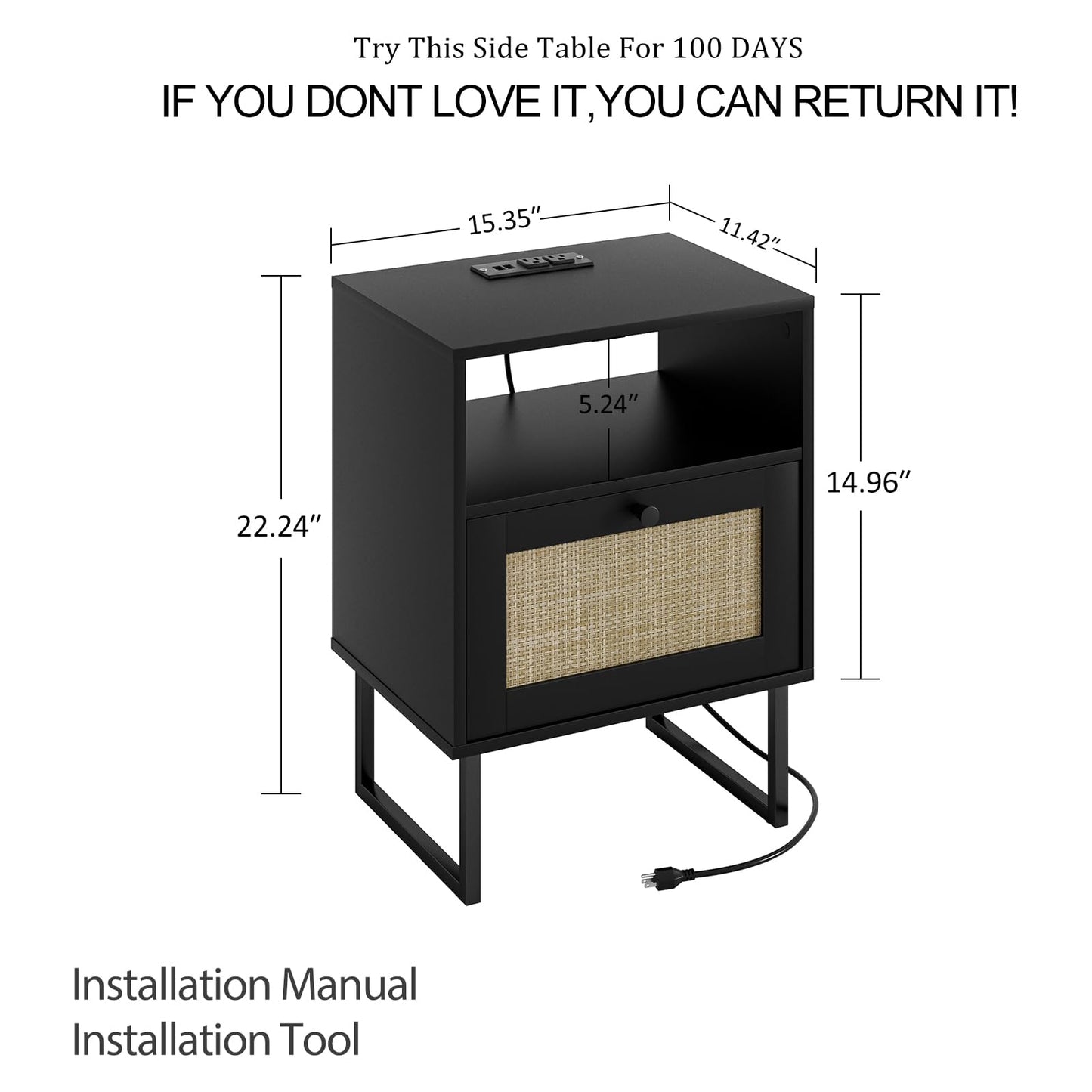 Masupu Rattan Nightstand with Charging Station,Modern Boho Farmhouse Wood Bedside Table with Storage Drawer and Open Shelf,Small Black Frame Side End Table for Bedroom,Living Room,Office (Black)