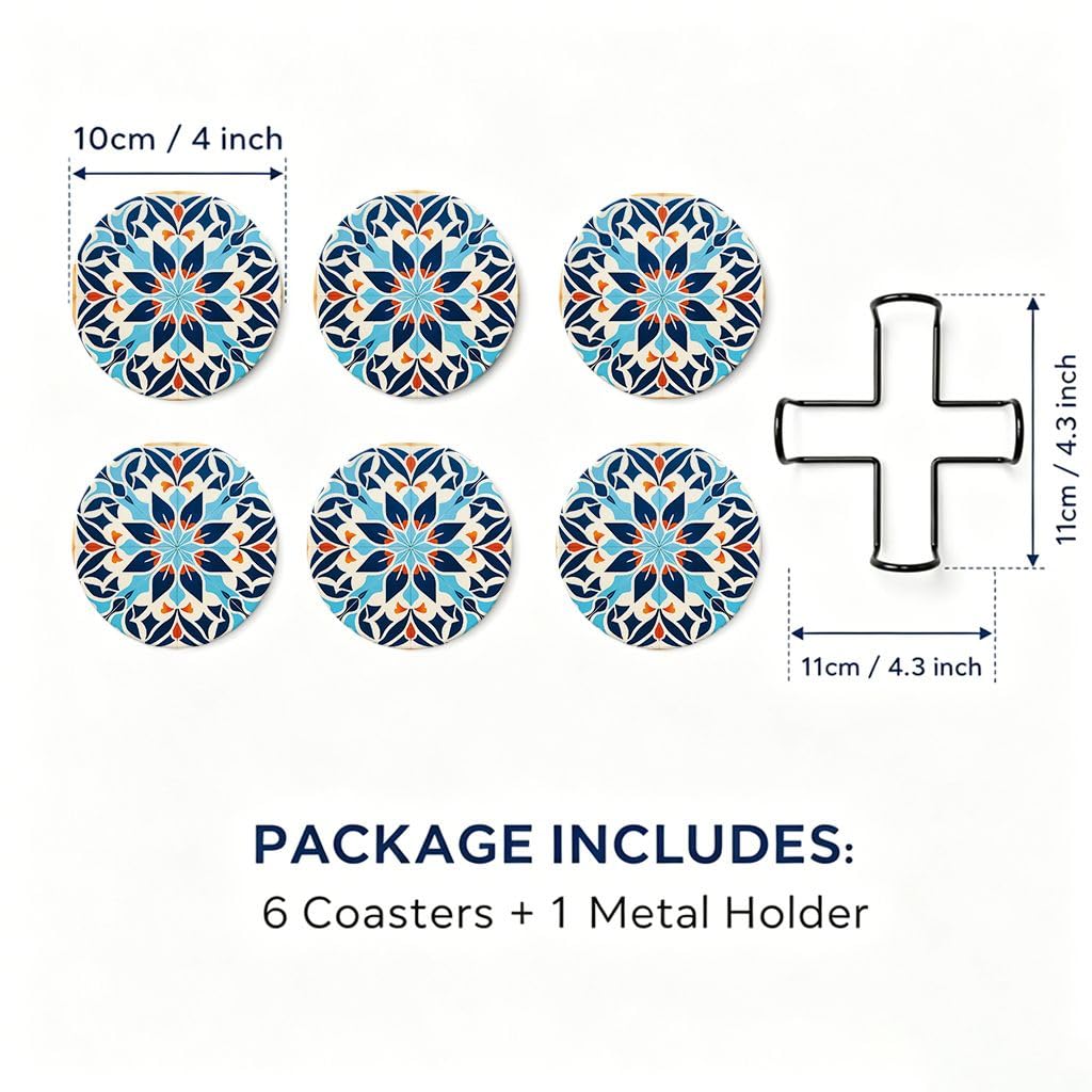 VowVibe Boho Chic Coasters for Dorm Room & Creative Studio, Mandala Dream Pattern Absorbent Stone Mats, 6 Pack, Aesthetic Apartment Essentials for Gifting