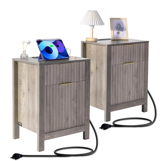 VEVOR Farmhouse Nightstand Set of 2, 20" Wide End Table with Charging Station, Rustic Side Table with Drawer and Storage Cabinet, Bedside Table for Bedroom, 5 Ports - AC/USB-A/Type-C, Oak Gray