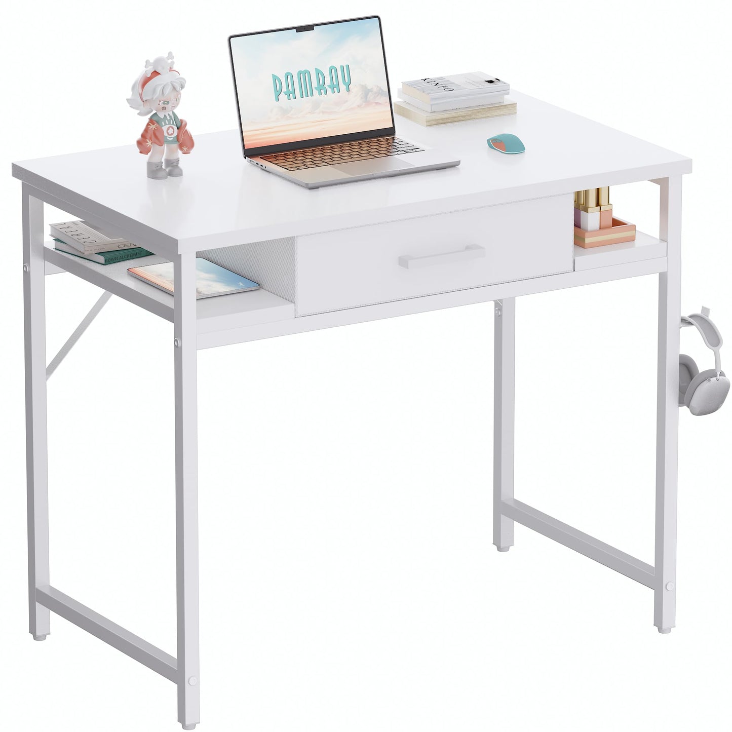 Pamray 32 Inch Small Computer Desk with Drawer and Shelves Simple Study Work Table for Bedroom White
