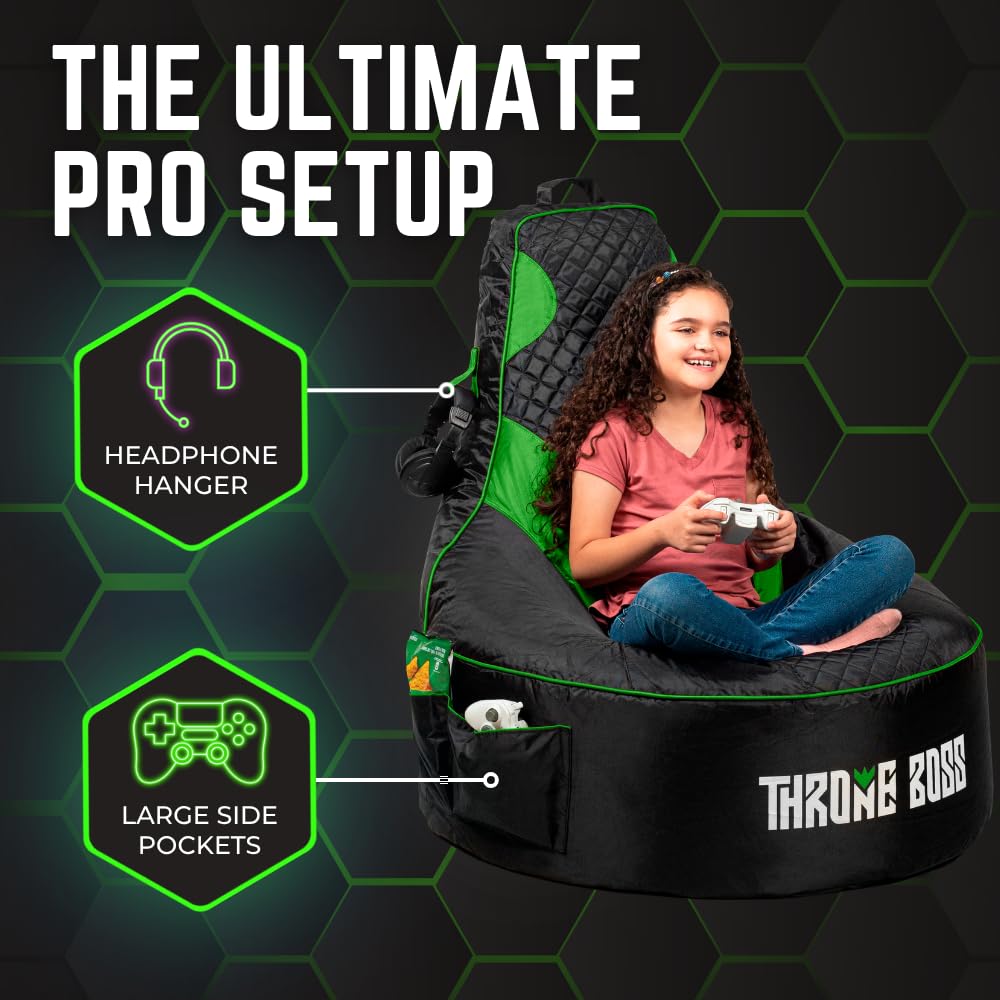 Throne Boss Gaming Bean Bag Chair Cover for Kids with High Back, Green – Gamer chair for kids with 2 x Large Side Pockets, Headphone Hanger, Easy to Clean Fabric, requires 200 Liters Polystyrene Beans