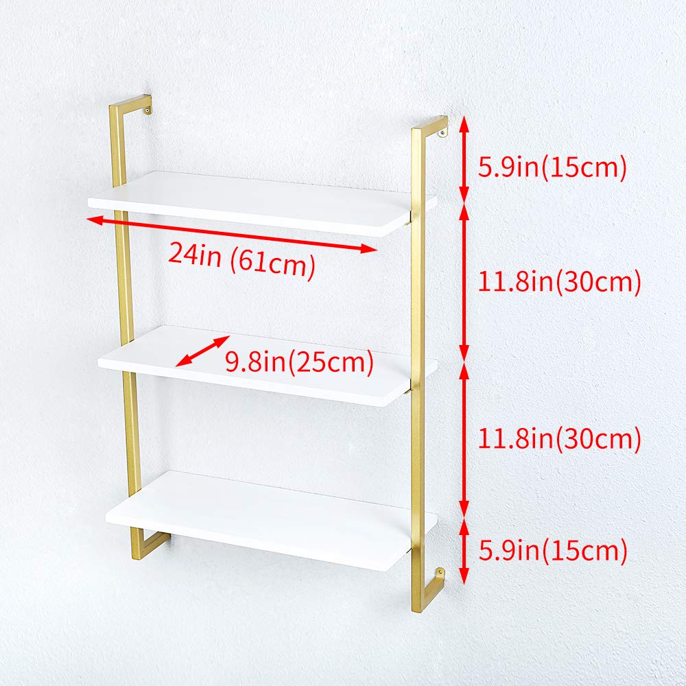 OLDRAINBOW Industrial Metal Wall Shelf,Floating Shelves Wall Mounted,24in Real Wood Book Shelves,3 Tier Hanging Wall Shelves for Bedrooms Office
