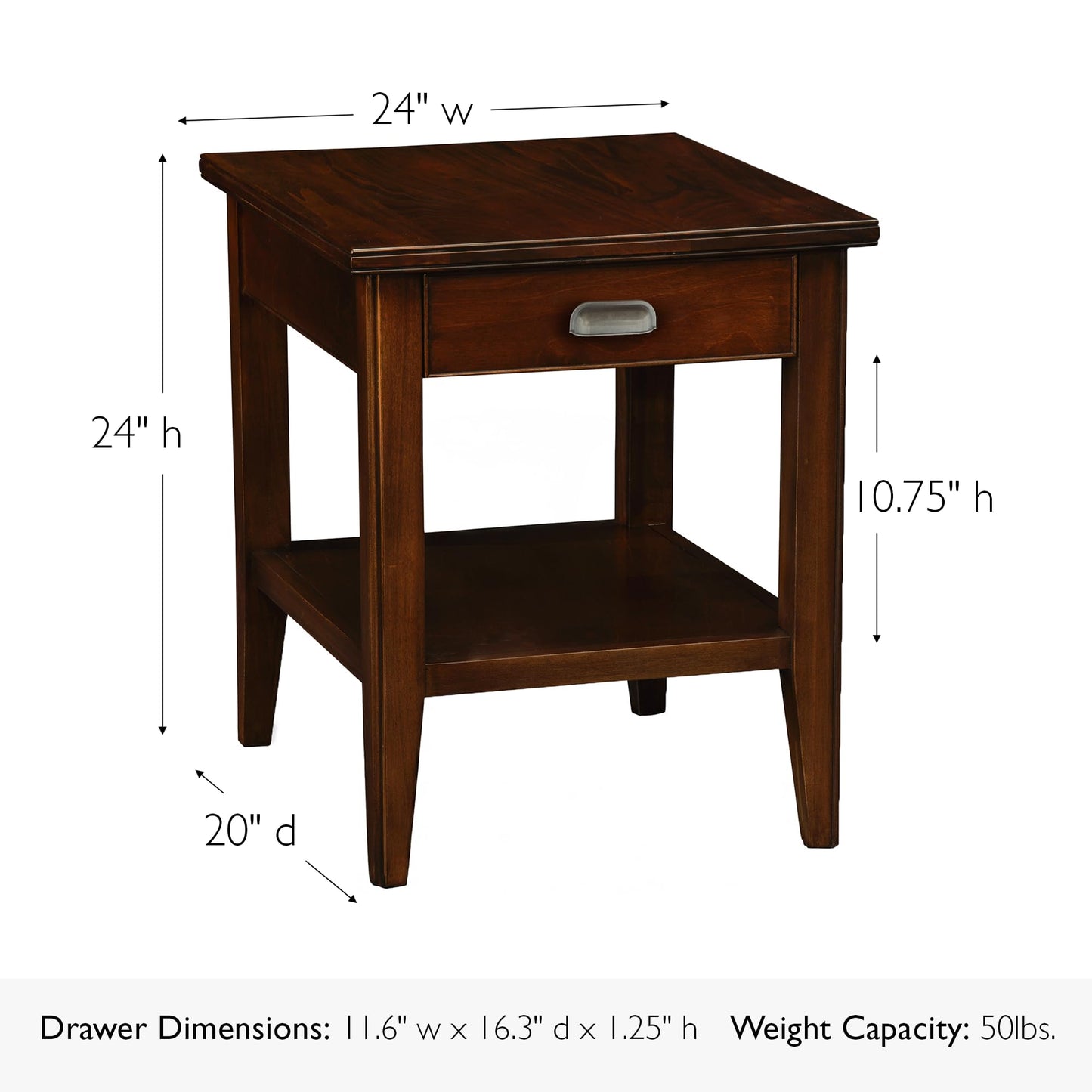 Leick Home Laurent End Table, Solid Wood, 1 Storage Drawer, Bottom Display Shelf, Easy-Assembly, For Living Room/Bedroom, Chocolate Cherry, 20.0 in. L x 24.0 in. W x 24.0 in. H, 10507