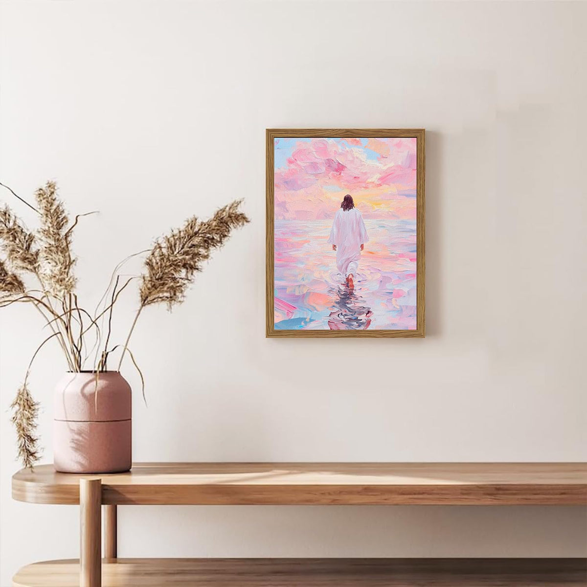 Pink Jesus Walking On Water Wall Art, Frame 3D Textured Hand Drawn Sandstone Christian Wall Decor Paintings Religious Savior Pictures for Living Prayer Room Bedroom, 12x16 in Wood Framed