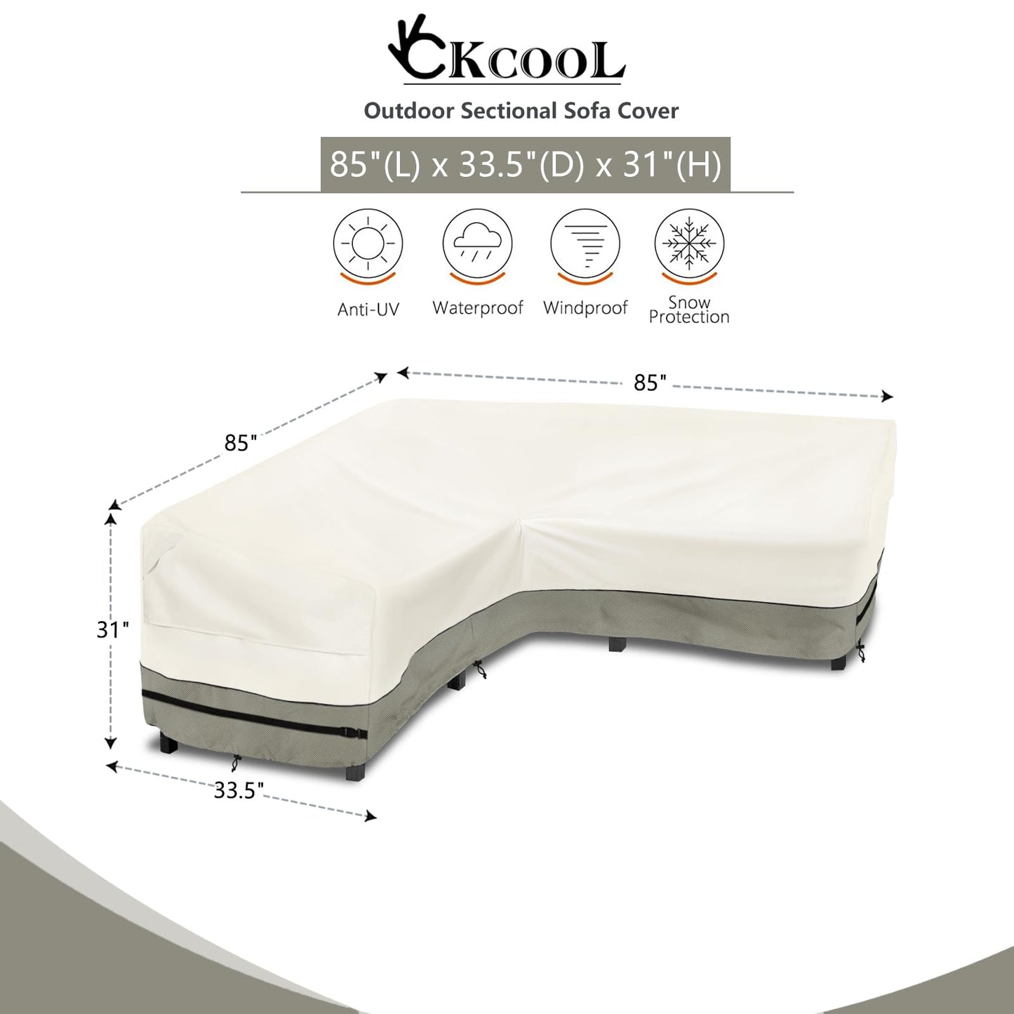 okcool Outdoor Sectional Cover,V Shaped Patio Furniture Covers for 5-Seater Outdoor Sectional Furniture Couch 85"(85''L) x 33.5''D x 31''H,White&Grayish Green