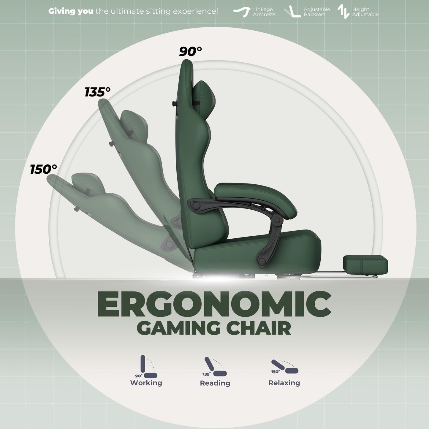 GTPLAYER Big and Tall Gaming Chair 400lbs Heavy Duty Office Chair with Footrest, High Back Pocket Spring Ergonomic Computer Chair for Adults, Wide Seated Cushion with Linkage Armrests, Leather Green