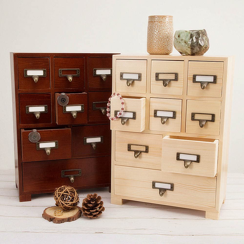 PACKGILO Apothecary Cabinet with 9 Drawers & Labels Rustic Library Card Catalog Cabinet Desktop Wooden Storage Box for Organize Herbal、Tea Bag、Jewelry (Wood)