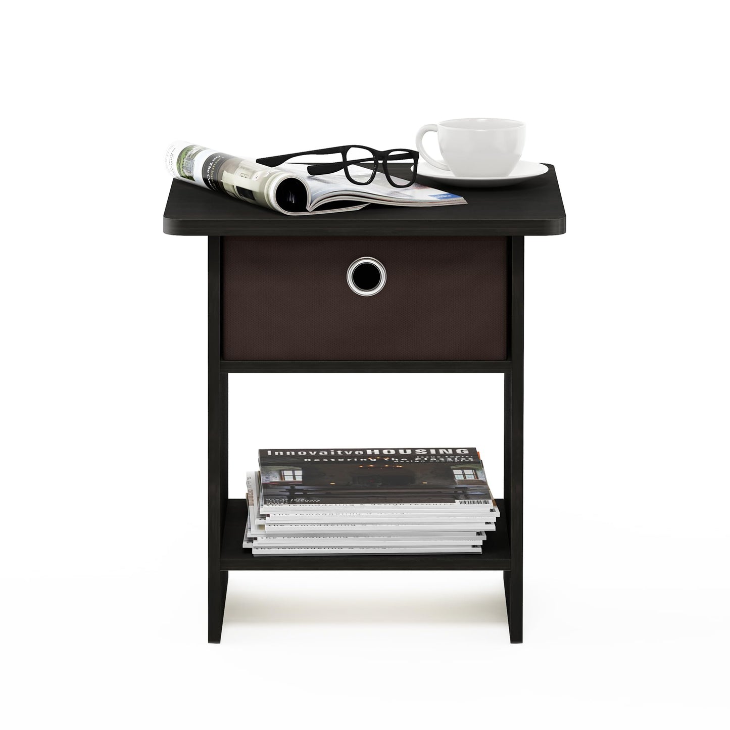 Furinno DARIO Side Table, Square End Table with Storage Bin, Round Corner Night Stand, Bedside Table with Open Back Shelf, for Living Room, Bedroom, Espresso