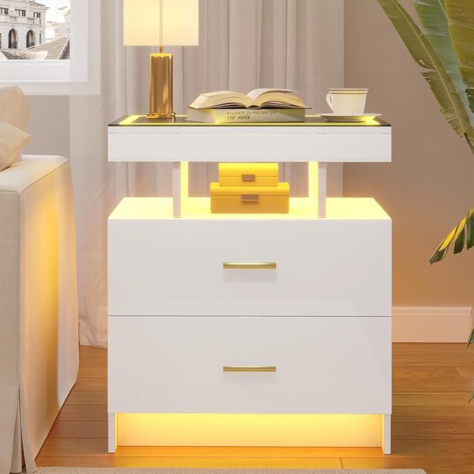 LED Nightstand with Wireless Charging Station, Glass Top Smart Bedside Table