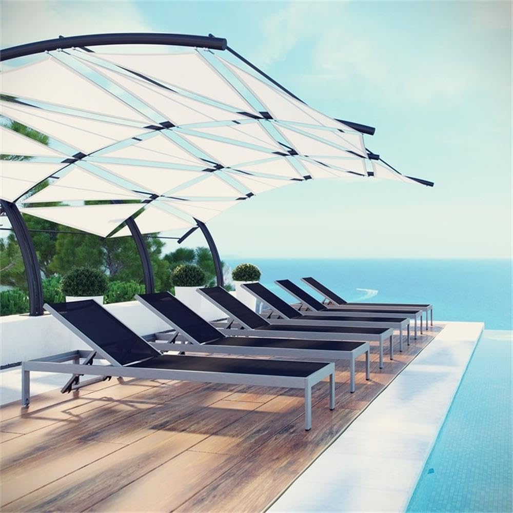 Modway Shore Aluminum Textilene® Mesh Outdoor Patio Six Poolside Chaise Lounge Chairs in Silver Black