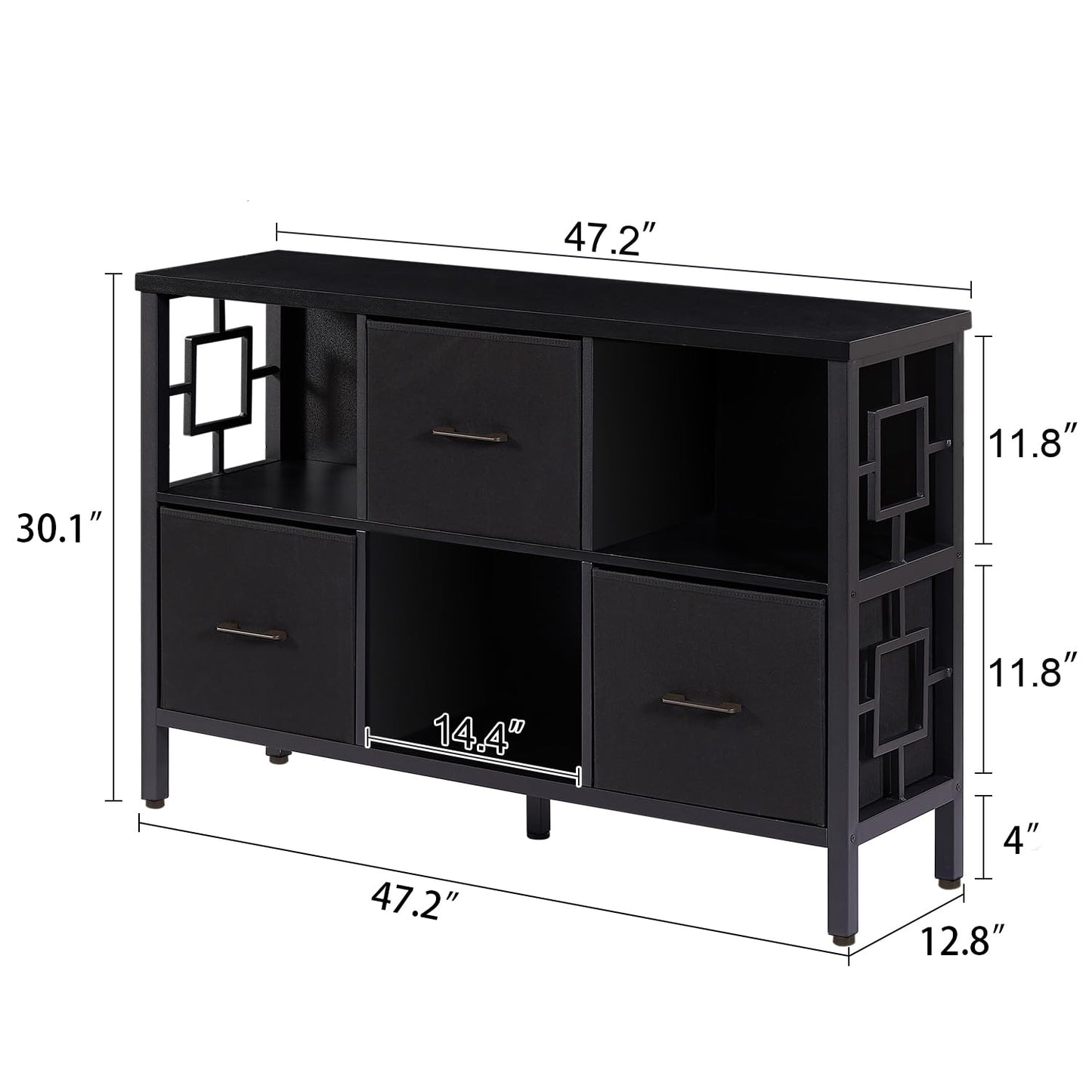 HOMISSUE 6 Cube Storage Organizer Shelf, Rustic Short Bookshelf with 3 Storage Bins, Industrial Horizontal Bookshelf with Metal Frame, Low and Wide Cube Bookcase for Living Room and Office, Black