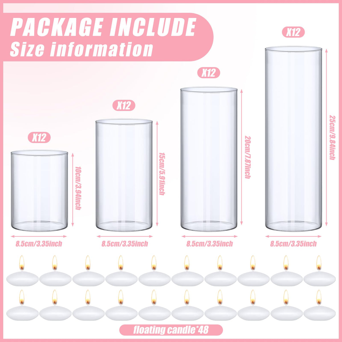 Yungyan 48 Pcs Glass Cylinder Vases for Centerpieces Tall Clear Flower Vase with Floating Candles Transparent Bulk Glass Votive Holders for Wedding Table Centerpiece Home Decor (4/6/8/10 Inch Tall)