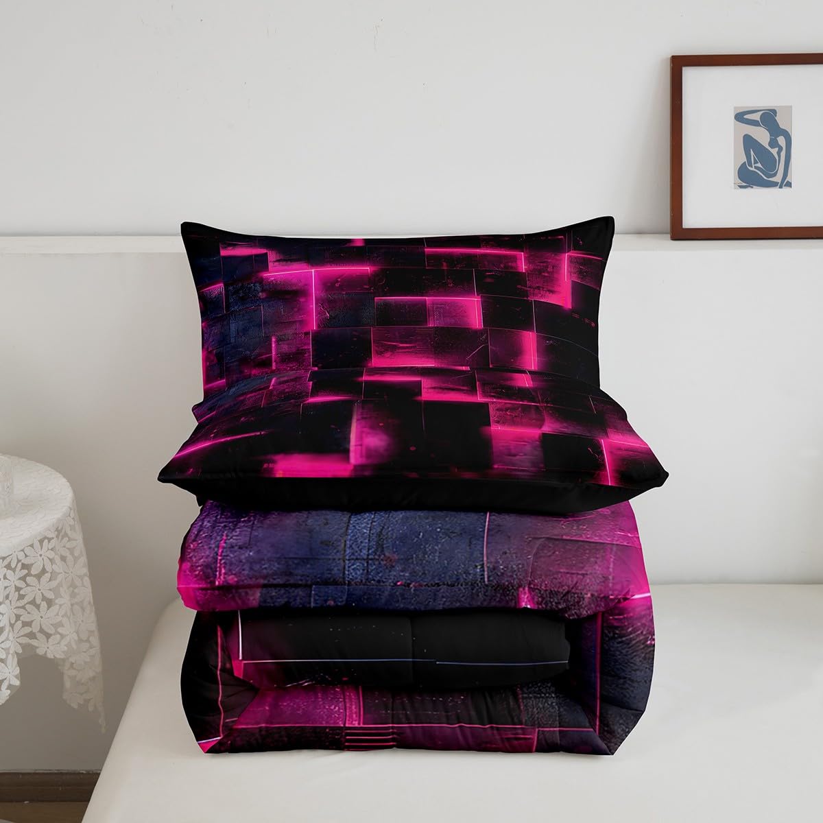 3D Geometric Bedding Set Twin Abstract Aesthetic Twin Comforter, Black and Hot Pink Duvet Insert Glowing Futuristic Cubes Quilt Comforter, Neon Grid Bedding Comforters & Sets 2pcs (Black Reversible)