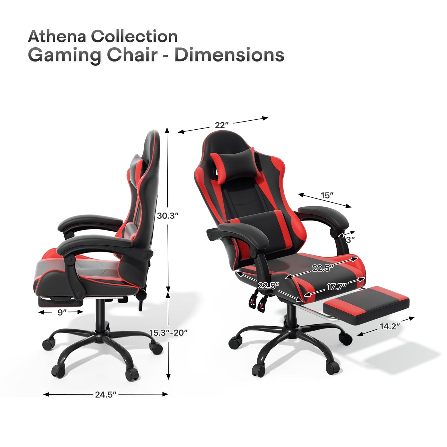 Athena Collection Ergonomic Gaming Chair with Footrest & Headrest Lumbar Support, Height Adjustable Swivel Office Chair Reclining Game Chair Leather High Back Computer Chair for Adults, Red