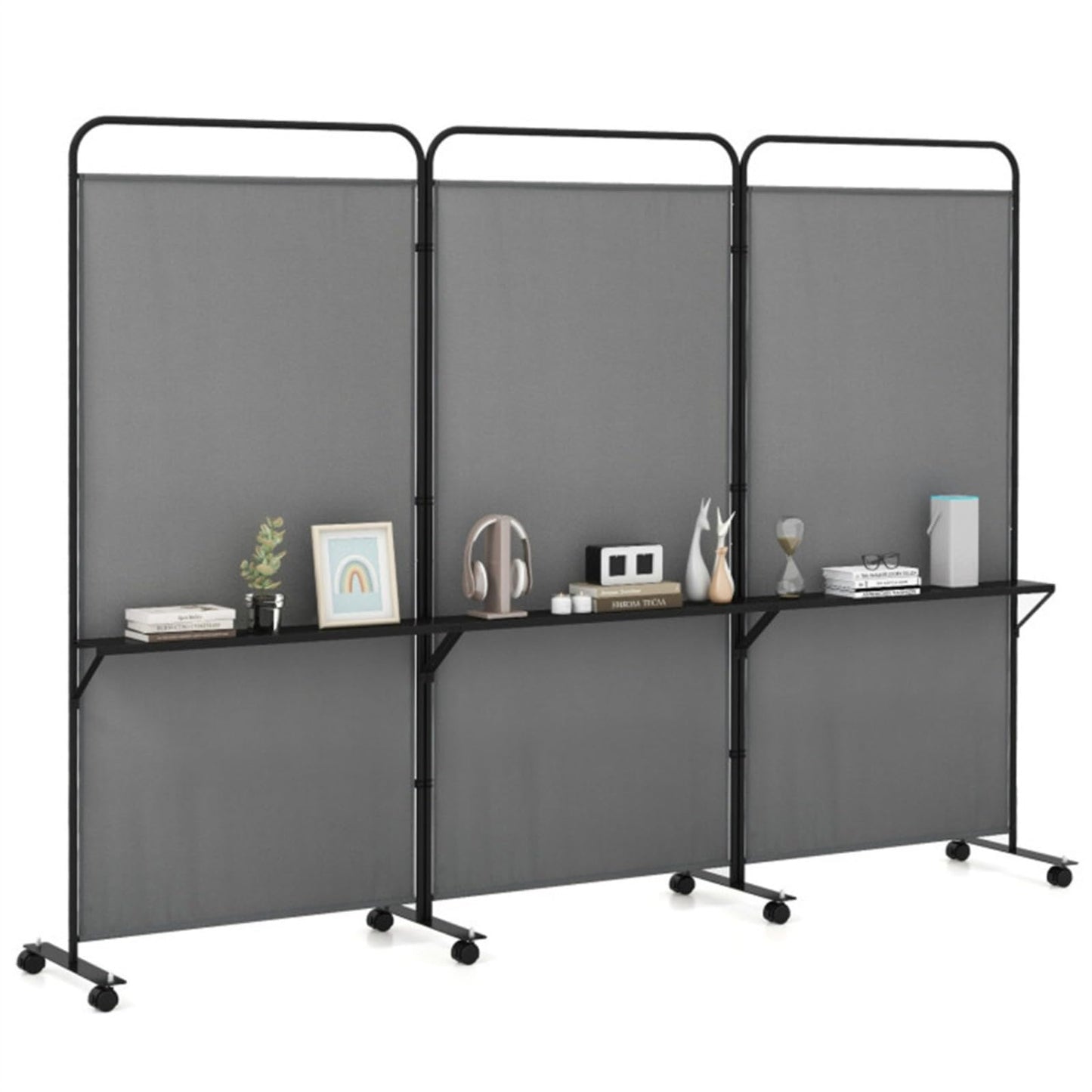 YWGYWG 3 Panel Room Divider with Storage Shelves ， 103" W x 74" H Folding Privacy Screen, Home Office Studio, Fabric Wall Divider for Room Separation (Grey)