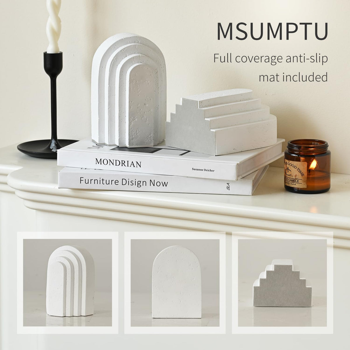 Decorative Bookends for Shelves, Set of 2 Book Ends for Heavy Books, Layered Arch Design White Bookend
