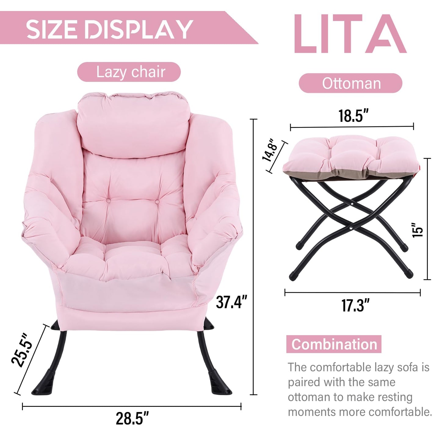 LITA Lazy Chair with Ottoman, Modern Accent Leisure Upholstered Sofa, Contemporary Lounge Reading Chair with Armrests and a Side Pocket for Living Room, Bedroom & Small Space, Pink