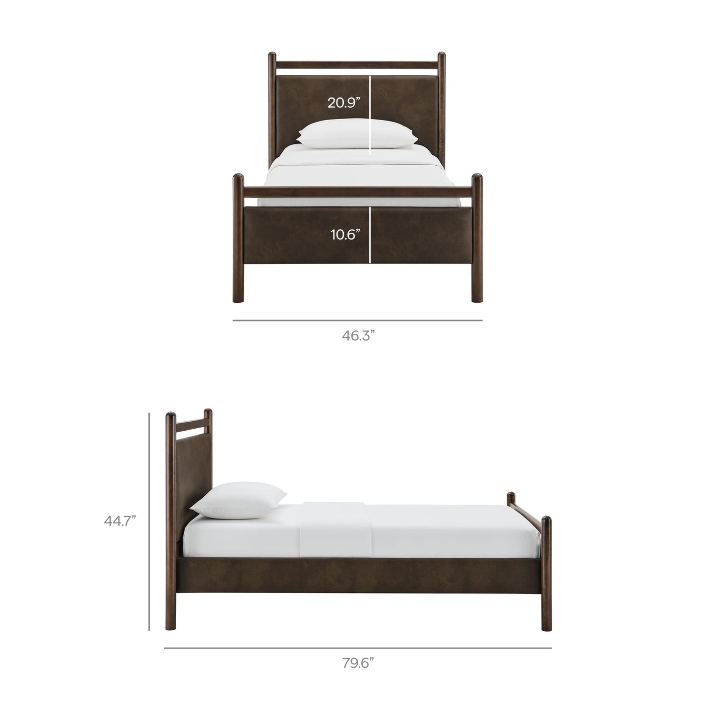 Modway Ginny Twin Platform Bed Frame in Wenge Mushroom - Solid Wood Bed with Padded Faux Leather Headboard and Footboard, Wood Slats, No Box Spring Needed