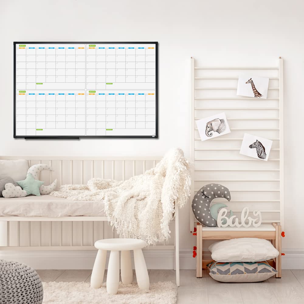 JILoffice Magnetic Dry Erase Calendar Whiteboard, 4 Month White Board Planner 36 X 24 Inch, Black Aluminum Frame Wall Mounted Board for Office Home and School