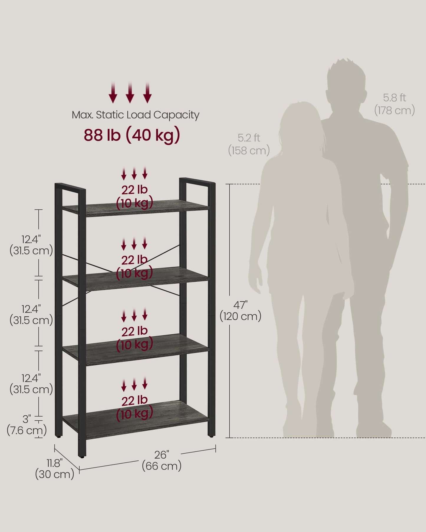 VASAGLE 4-Tier Bookshelf, Bookcase with Steel Frame, Book Shelf for Living Room, Home Office, Study, 11.8 x 26 x 47 Inches, Industrial Style, Charcoal Grey and Ink Black ULLS060B04