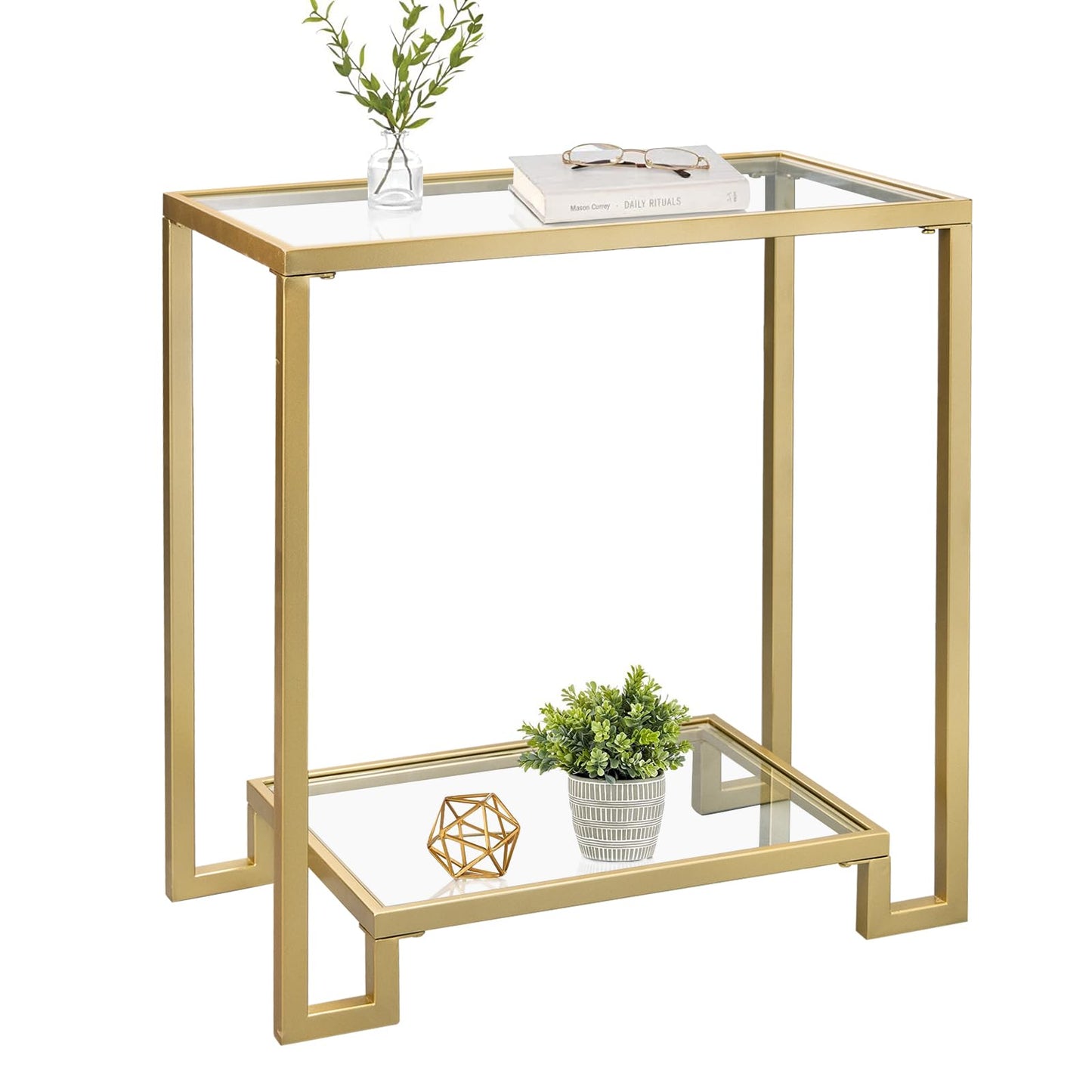 GIFTTROVE 2 Tier Rectangular Side Table, Gold End Table with Glass Top, Modern Metal Clear Coffee Tables，Small Accent Tables for Living Room, Bedroom, 22" x 12.4" x 24"