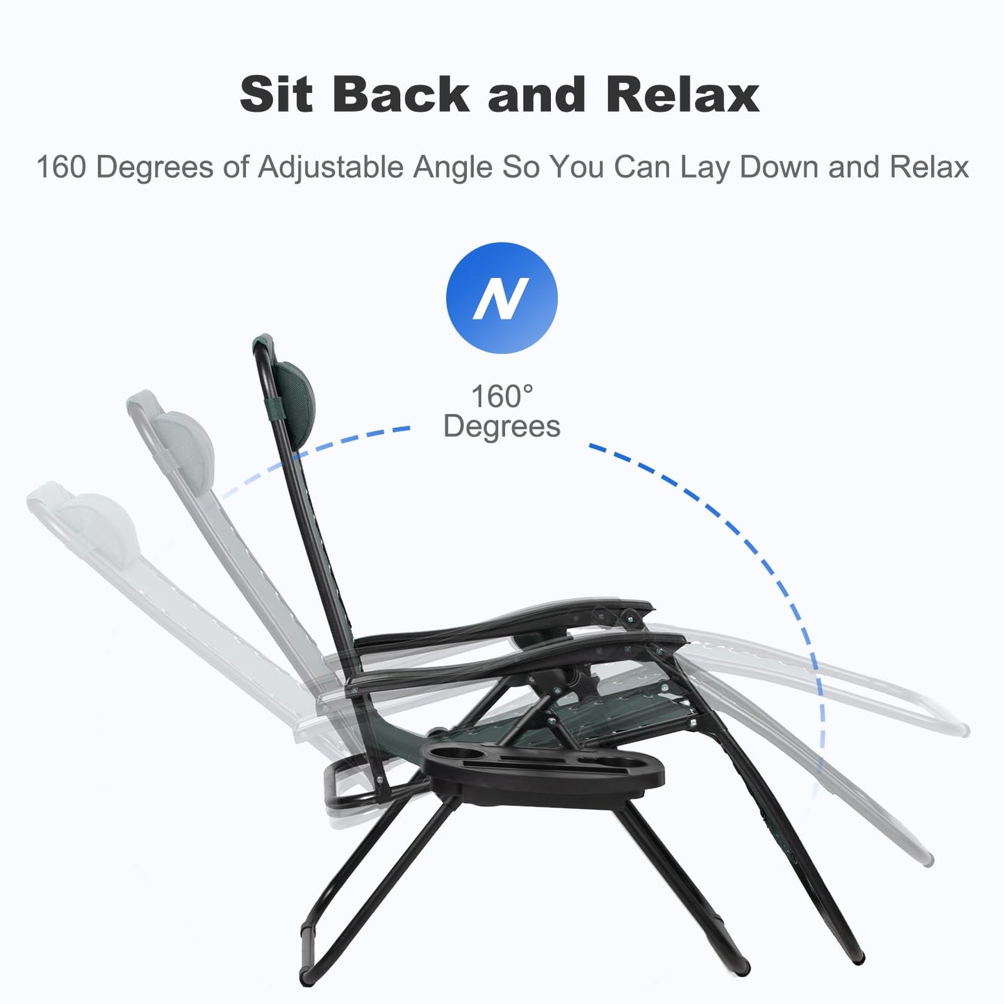 Nazhura Set of 2 Relaxing Recliners Patio Chairs Adjustable Steel Mesh Zero Gravity Lounge Chair Beach Chairs with Pillow and Cup Holder (Dark Green)