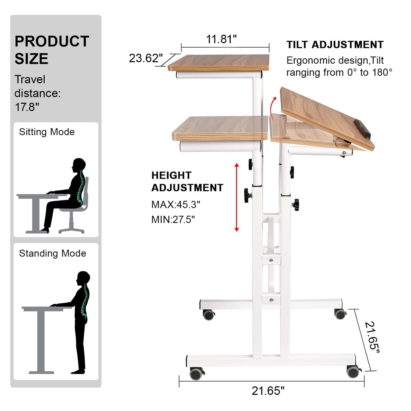 Hadulcet Mobile Standing Desk with Charging Station, Adjustable Standing Computer Desk, Standing Adjustable Laptop Cart with Wheels for Home Office Classroom Vintage Oak