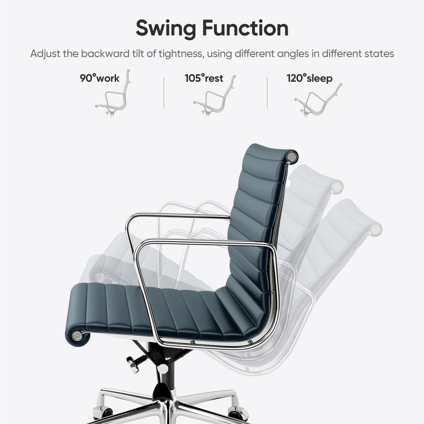 OTDMEL Ribbed Office Chair with Top Grain Leather - Mid Back Ergonomic Desk Chair with Aluminum Arms & Frame, Swivel Wheels & Tilt Function, Adjustable Height Dark Blue